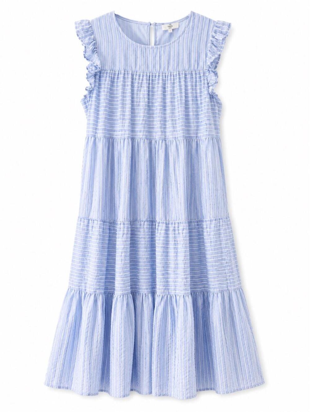 Entro Light Blue Alternating Striped, Ruffle Sleeve Maxi Dress Size M EUC
